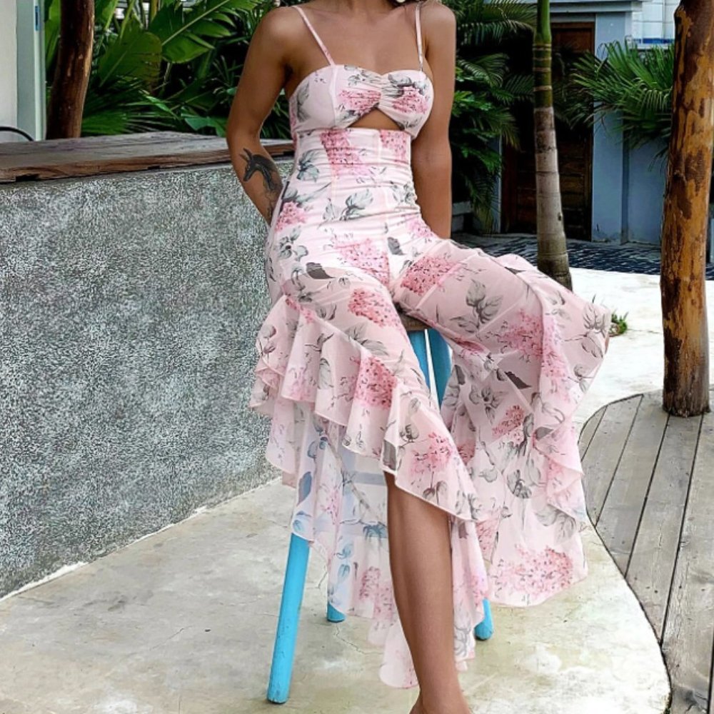 Missord Ruffle Hem Floral Print Peekaboo Cami Jumpsuit